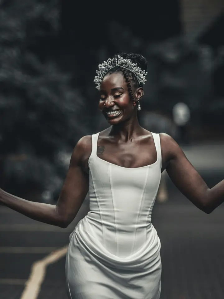 Bride laughing with arms open on a garden path