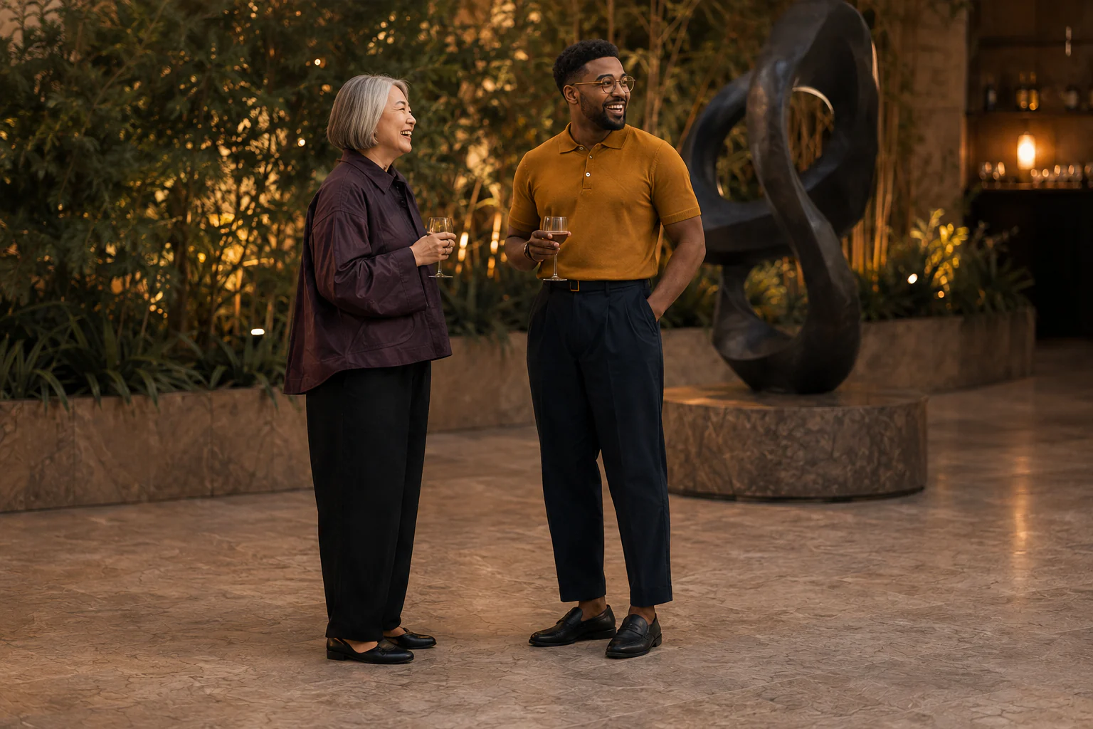 Two guests sharing a candid laugh